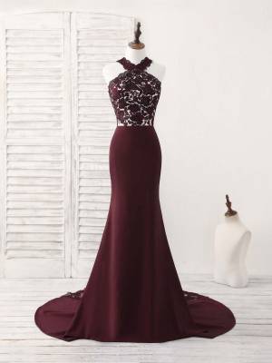 Burgundy Lace Long Mermaid Prom Bridesmaid Dress