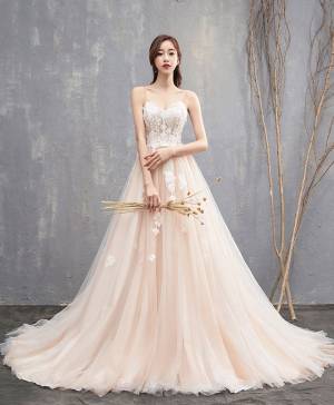 Champagne Lace With  Floor-length Long Prom Evening Dress