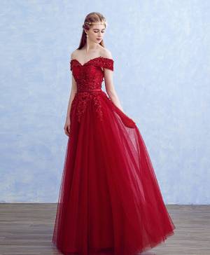 Burgundy Off-the-shoulder Long Prom Evening Dress
