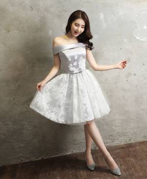 Gray Tulle Lace Off-the-shoulder Short/Mini Prom Homecoming Dress