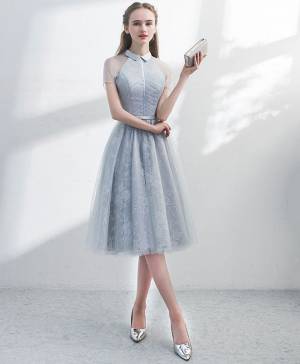 Gray Tulle Lace Short/Mini Unique Prom Evening Dress