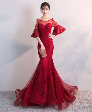 Burgundy Tulle Lace Round Neck Long Mermaid Prom Evening Dress