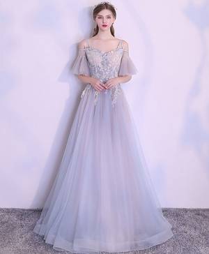 Gray Tulle Lace With Applique Unique Long Prom Evening Dress