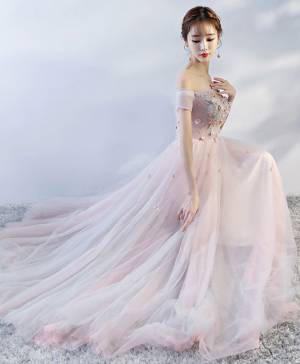 Pink Tulle Lace Off-the-shoulder With Applique Long Prom Evening Dress