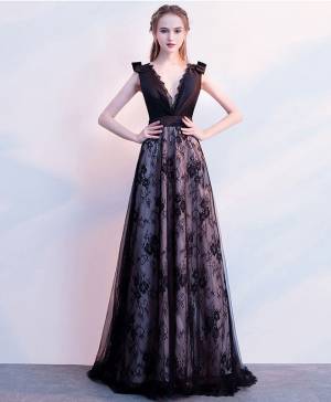 Black Lace V-neck Deep Long Prom Evening Dress