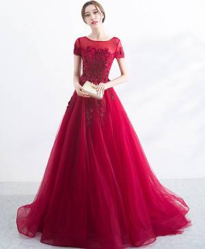 Burgundy Lace Tulle Long Prom Evening Dress