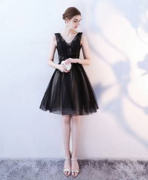 Black Tulle Lace V-neck Short/Mini Prom Homecoming Dress
