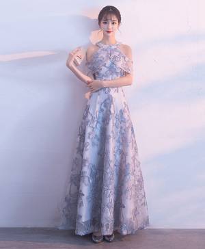 Gray Lace Long Prom Bridesmaid Dress