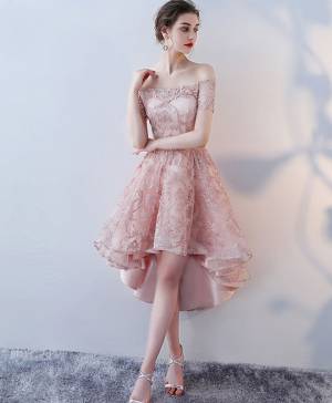 Champagne Lace High Low Prom Evening Dress