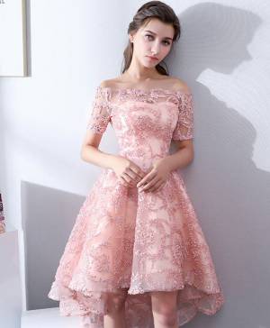 Pink Lace High Low Prom Evening Dress