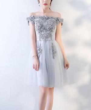 Gray Tulle Lace With Applique Short/Mini Prom Homecoming Dress