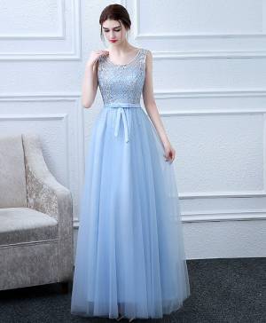 Sky Blue Tulle Lace Long Prom Evening Dress