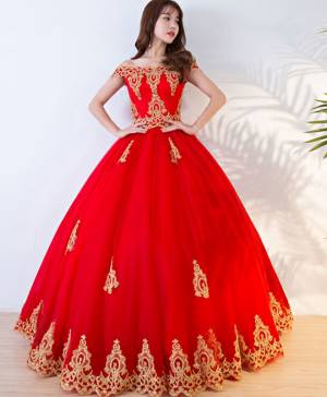 Red Lace Off-the-shoulder Long Prom Sweet 16 Dress