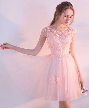 Pink Lace Tulle Short/Mini Prom Evening Dress
