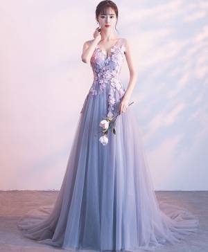 Gray Lace Tulle Long Prom Evening Dress