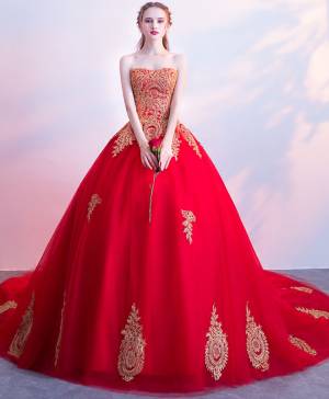 Red Tulle Lace Long Prom Evening Dress