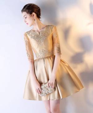 Gold Lace Satin Short/Mini Prom Evening Dress