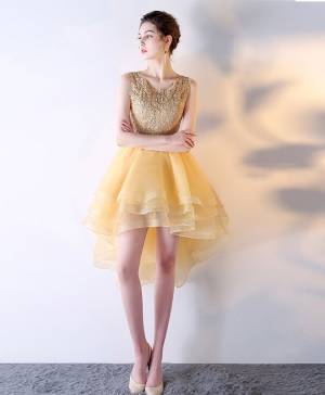 Gold Lace Tulle Short/Mini High Low Prom Evening Dress