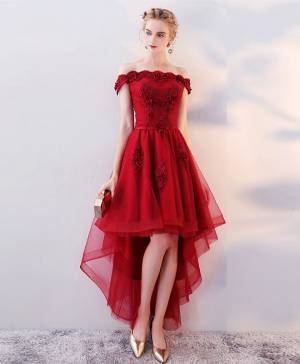 Burgundy Tulle Lace High Low Long Prom Evening Dress