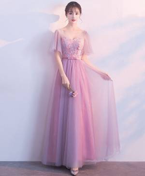 Pink Tulle Lace Long Prom Evening Dress