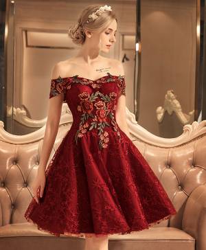 Burgundy Lace Off-the-shoulder Short/Mini Prom Homecoming Dress