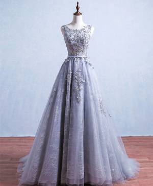 Gray Tulle Lace Round Neck Long Prom Bridesmaid Dress