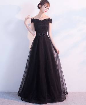 Black Lace Tulle Off-the-shoulder Long Prom Evening Dress