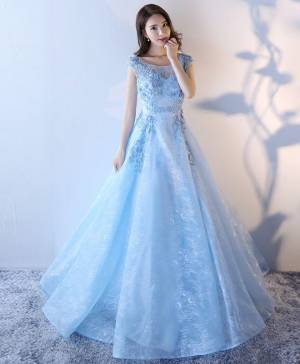 Blue Lace Tulle Long Prom Evening Dress