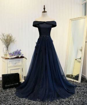 Dark/Blue Off-the-shoulder Long Prom Evening Dress