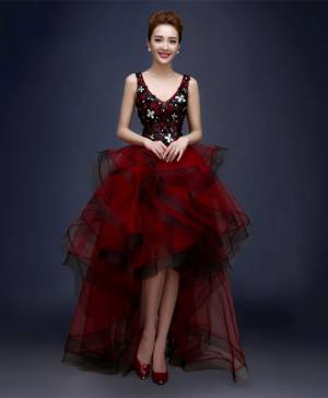 Burgundy Tulle Lace V-neck High Low Prom Evening Dress