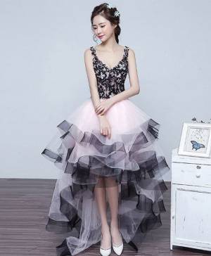 Tulle Lace V-neck Cute High Low Prom Evening Dress