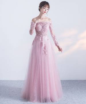 Pink Tulle Lace Long-sleeves Long Prom Evening Dress