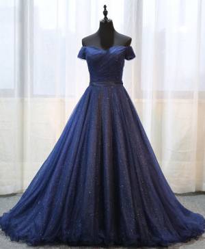 Dark/Blue Tulle Shining Long Prom Evening Dress