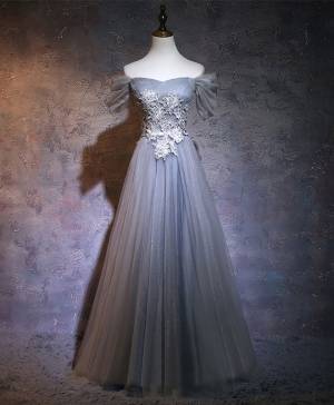 Gray Tulle Lace A-line With Applique Long Prom Bridesmaid Dress
