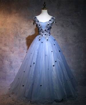 Blue Lace Cover-sleeves With Applique Unique Long Prom Sweet 16 Dress