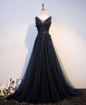 Dark/Blue Tulle Lace V-neck Long Prom Evening Dress