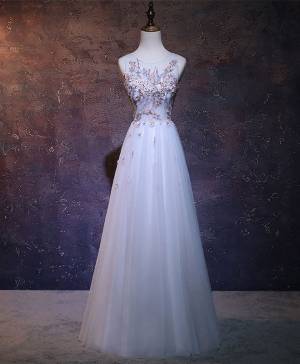 Blue Tulle Lace A-line With Applique Long Prom Bridesmaid Dress