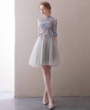 Gray Lace High Neck With Applique Short/Mini Prom Homecoming Dress