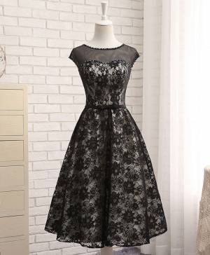 Black Lace Tea-length Prom Evening Dress