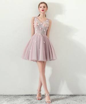 Pink Tulle V-neck Short/Mini Cute Prom Homecoming Dress