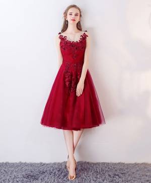 Burgundy Tulle Lace Round Neck With Applique Short/Mini Prom Homecoming Dress
