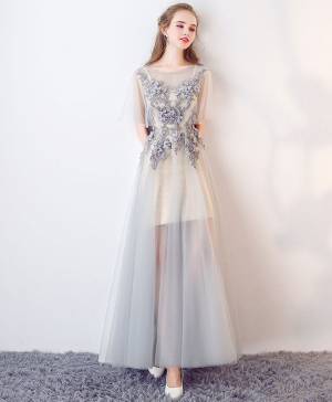 Tulle Lace Round Neck A-line With Applique Elegant Long Prom Dress