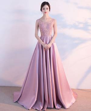Pink Lace Satin A-line Long Prom Evening Dress