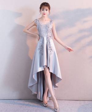 Gray Lace Satin High Low Prom Evening Dress