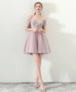 Bean Powder Tulle Off-the-shoulder Short/Mini Cute Prom Homecoming Dress