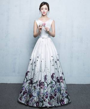 White With Floral Pattern Long Prom Evening Dress