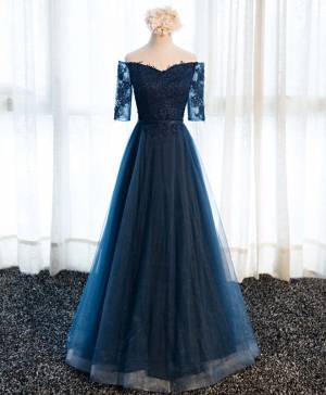 Dark/Blue Lace Tulle Long Prom Evening Dress