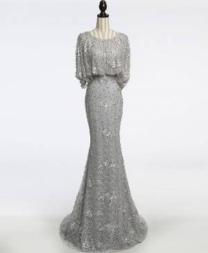 Gray Lace Tulle Long Mermaid Prom Evening Dress