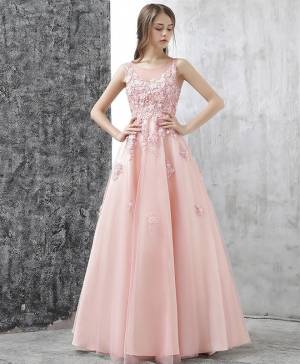 Pink Tulle Lace Round Neck With Applique Long Prom Evening Dress