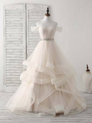 Champagne Tulle Sweetheart Off-the-shoulder Long Prom Dress